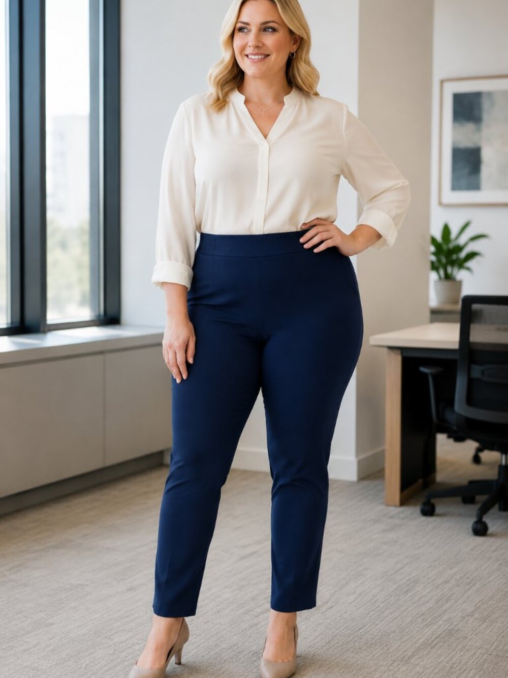 WOMEN WITH CONTROL by Renee Greenstein Elastic Waist Shape Navy Pants NWT 1XP